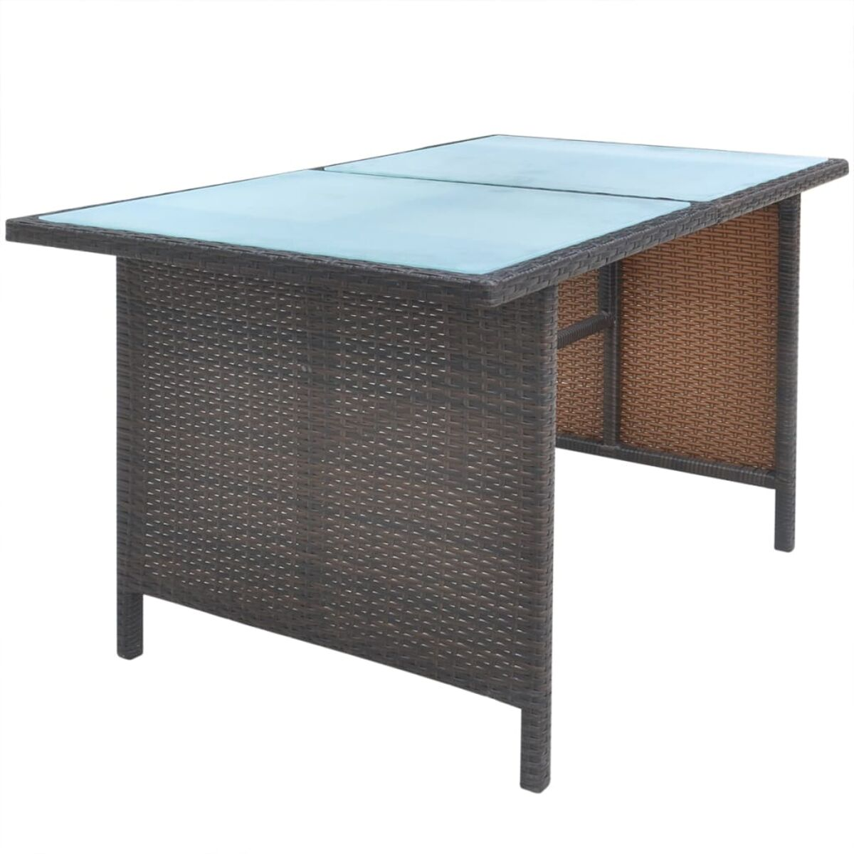 Wicker-Tisch mit Glasplatte. Der Tisch ist braun mit Webmuster und hat vier Beine.
