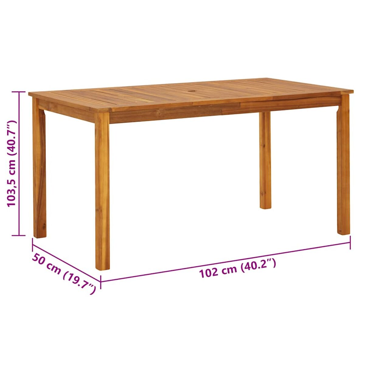 Holztisch. Rechteckige Form. Maße: 103,5 cm hoch, 50 cm breit, 102 cm lang.