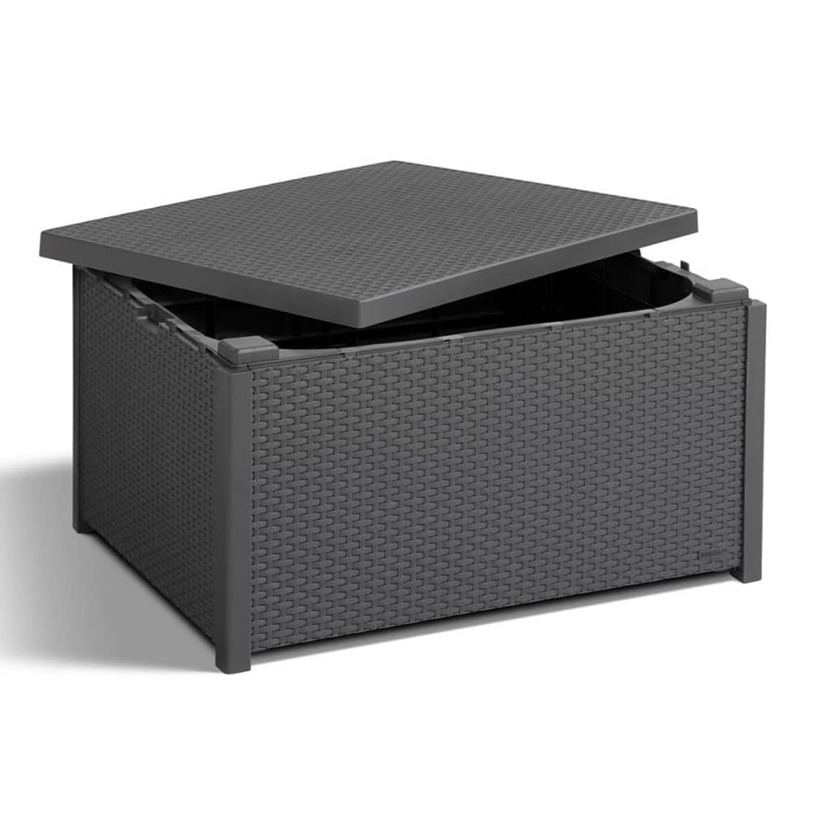 Eine graue Aufbewahrungsbox mit offenem Deckel, aus gewebtem Kunststoff. Die Box steht auf weißem Untergrund.
