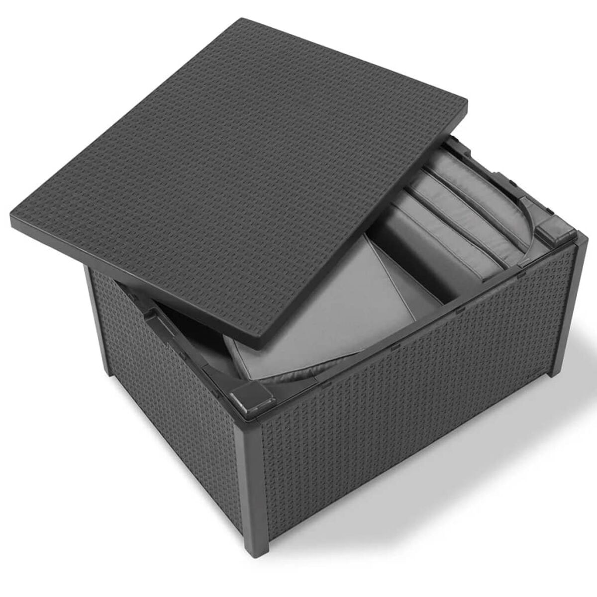 Eine offene schwarze Aufbewahrungsbox mit strukturierter Oberfläche. Die Oberseite ist teilweise geöffnet.