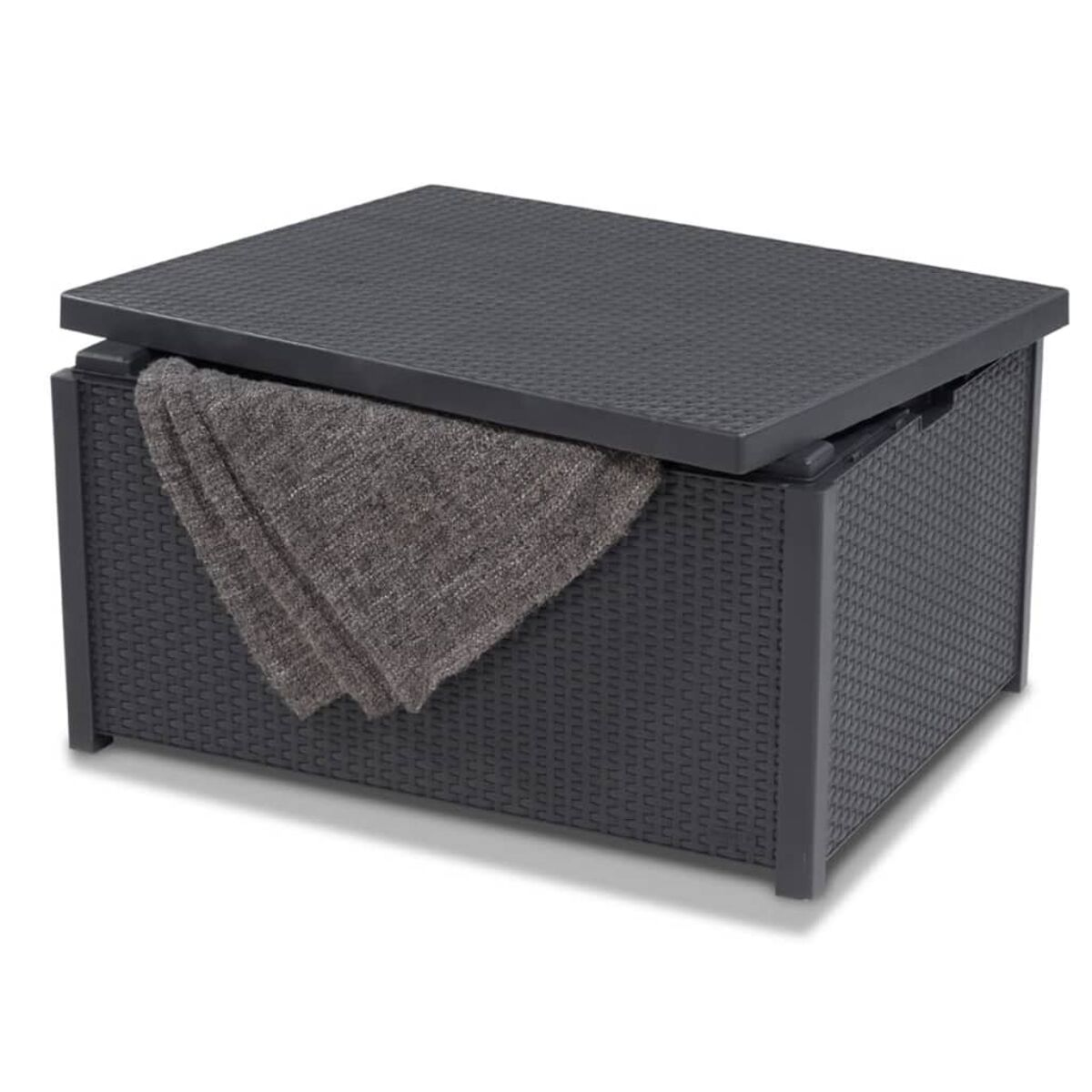 Dunkelgraue Outdoor-Aufbewahrungsbox mit Deckel, mit einer gefalteten grauen Decke.