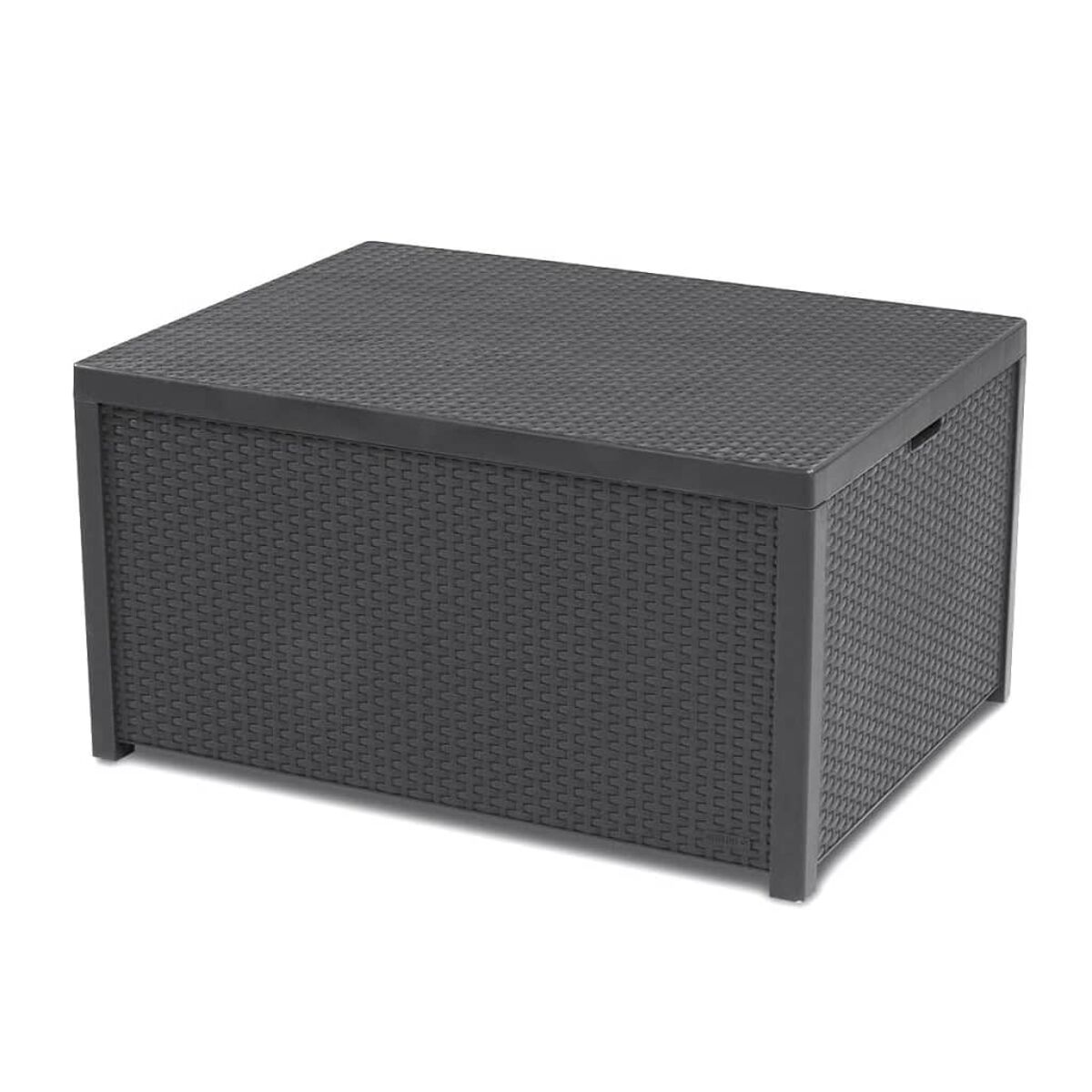 Dunkelgraue Aufbewahrungsbox mit Webmuster, geeignet für den Außenbereich, mit Deckel.