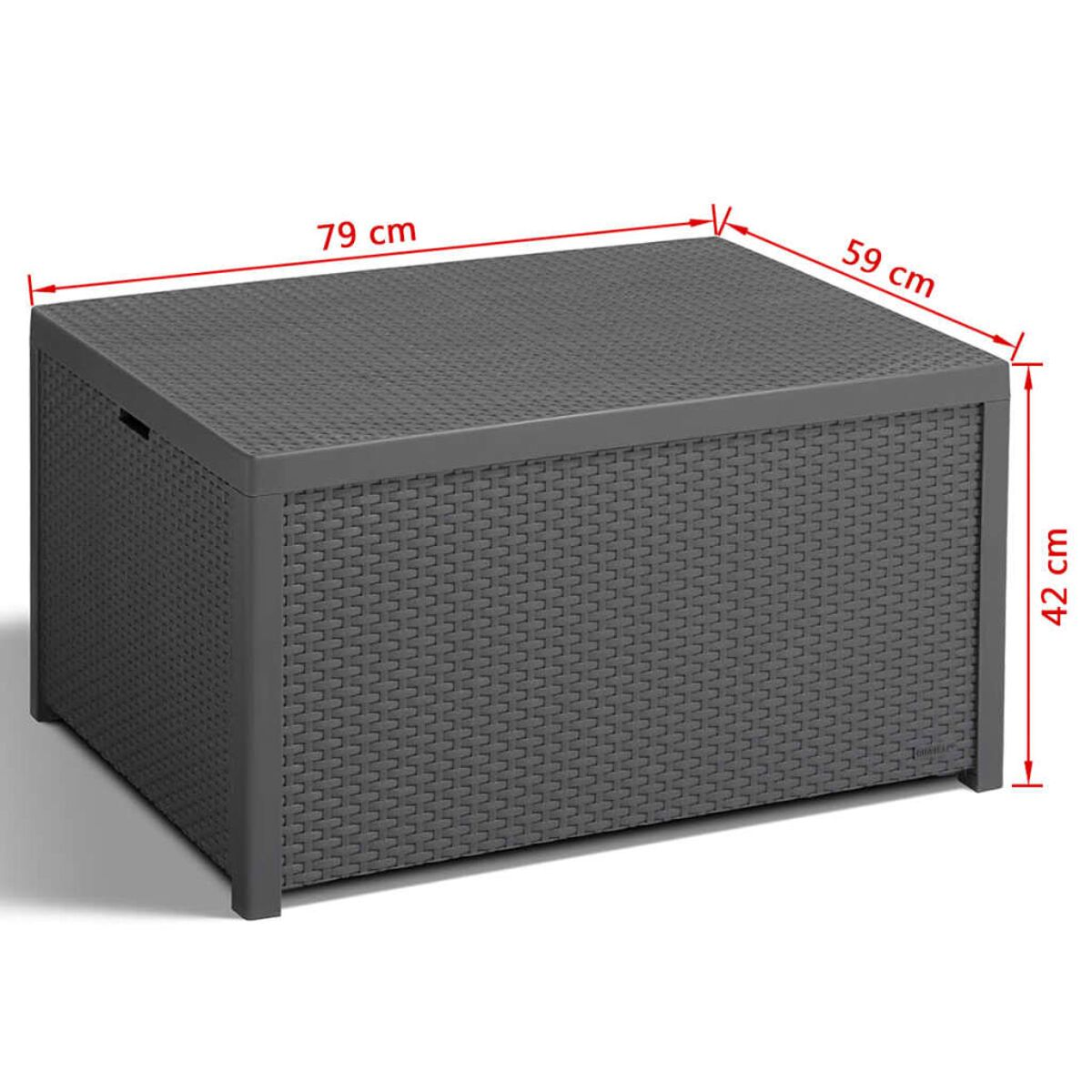 Eine graue Aufbewahrungsbox mit beschrifteten Abmessungen. Die Box ist gewebt und der Deckel geschlossen.
