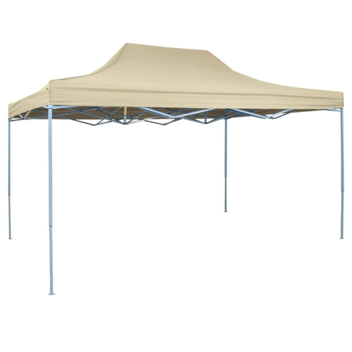 Beige Pop-up-Pavillon mit Spitzdach und Metallrahmen, vor weißem Hintergrund.