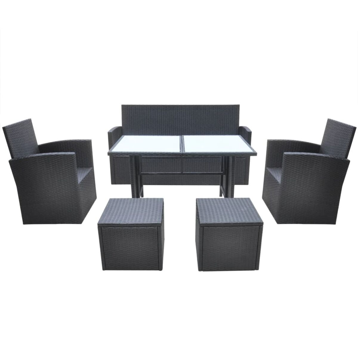 Ein Set aus dunkelgrauen Outdoor-Möbeln aus Korbgeflecht mit einem Tisch und zwei kleinen Ottomanen.