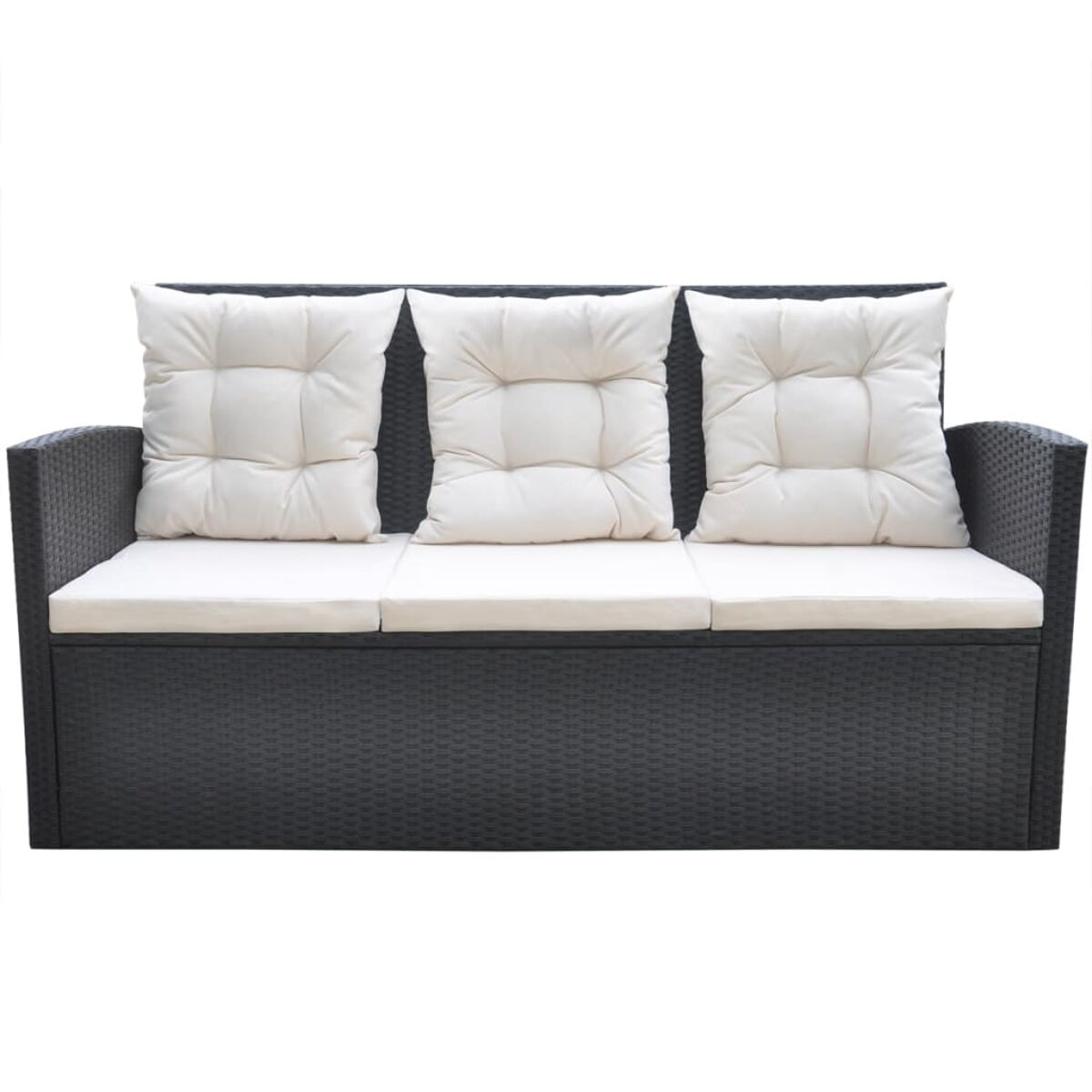 Schwarzes Outdoor-Sofa mit drei weißen Kissen. Das Sofa hat ein gewebtes Design.