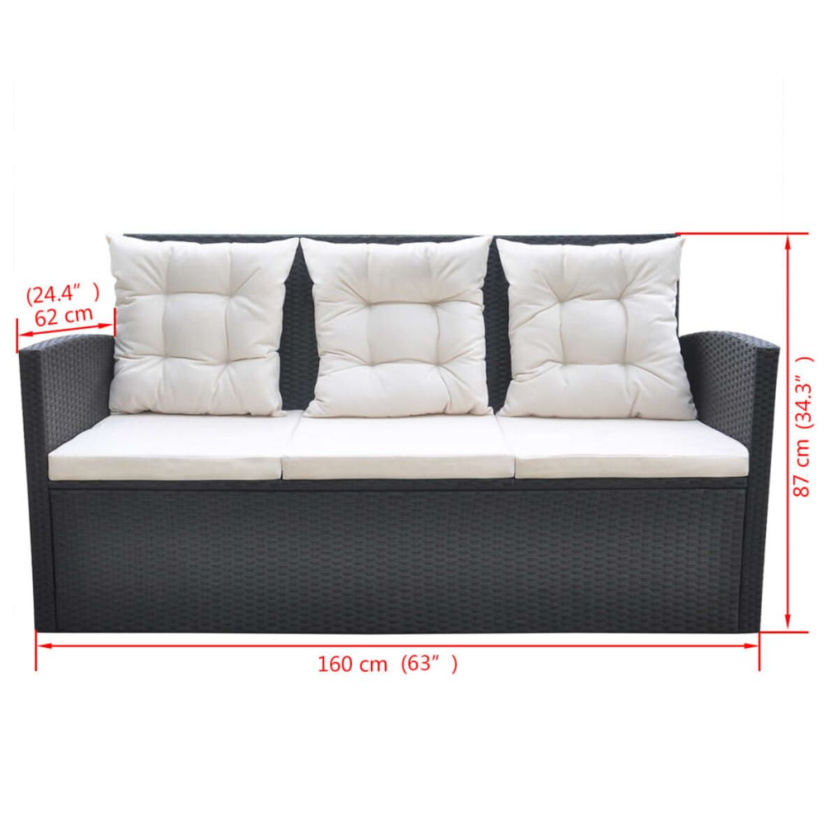 Schwarzes Korbmöbelsofa mit drei weißen Kissen und Maßen in cm.