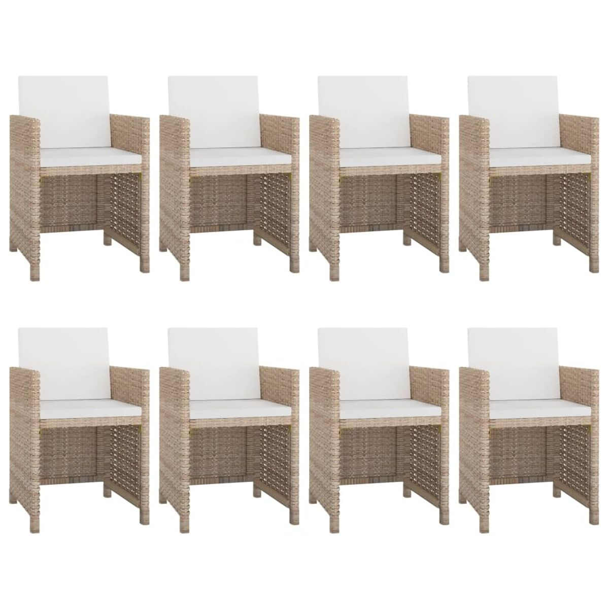 Set aus acht Stühlen für den Außenbereich mit weißen Kissen. Beiges Webdesign.