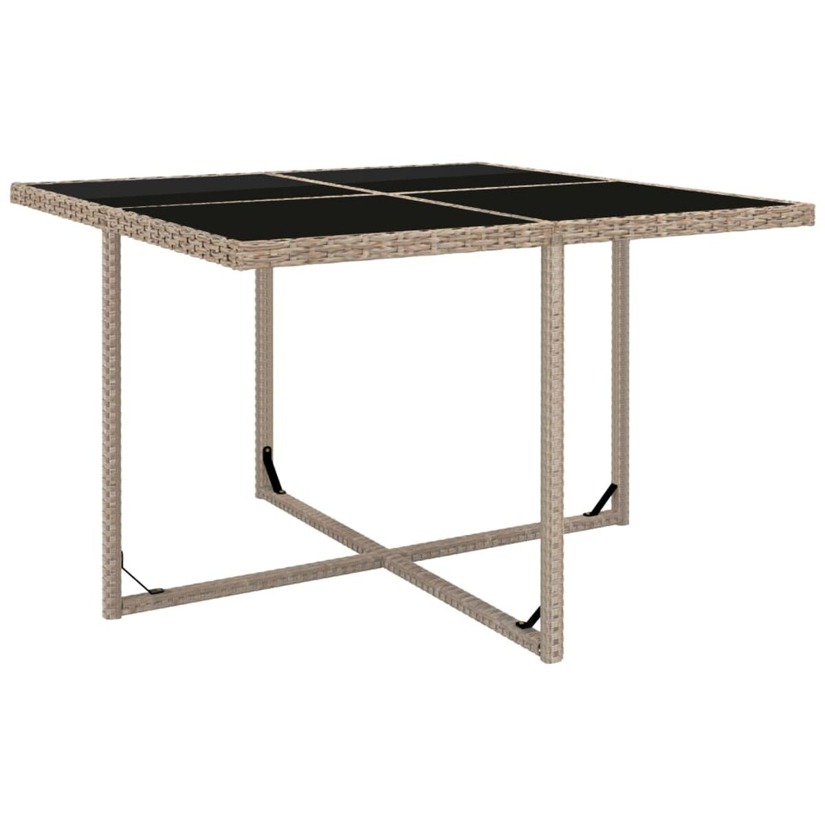 Quadratischer Gartentisch mit schwarzer Glasplatte und beigefarbenen Beinen.