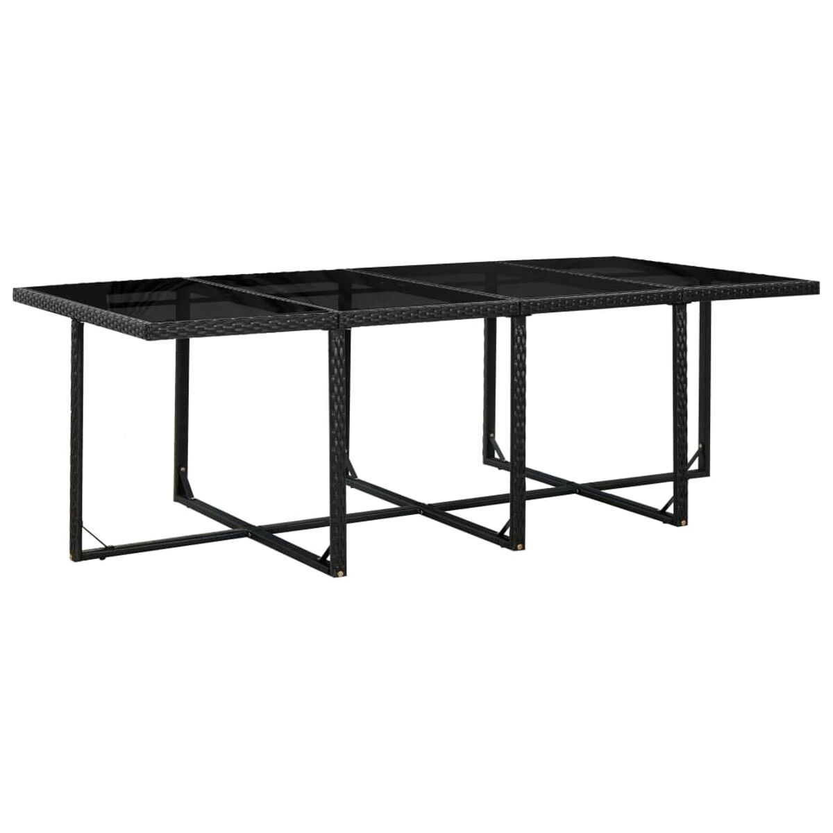 Ein langer, schwarzer Outdoor-Tisch mit einem Kreuzrahmen. Der Tisch ist leer, bereit für den Gebrauch.