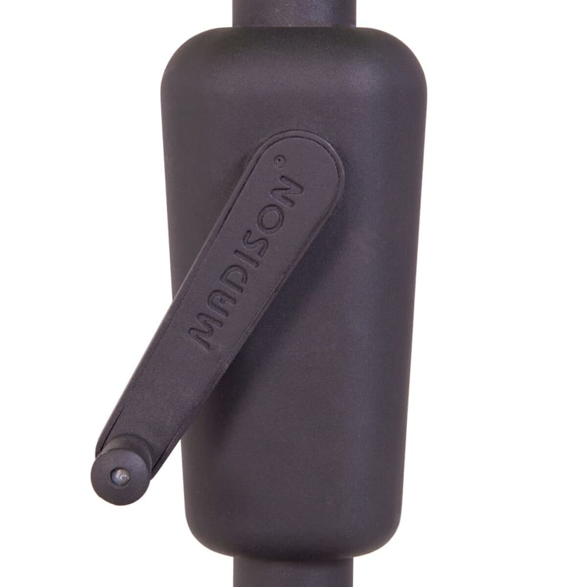 A close-up of the handle of a black umbrella with the word "MADISON" on it.