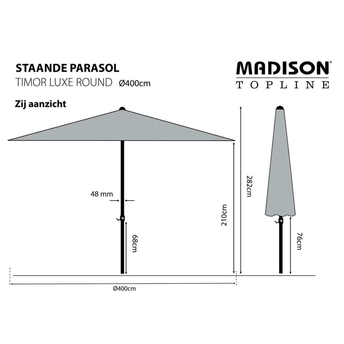 Diagram of a round outdoor umbrella, with dimensions and details in a technical drawing.