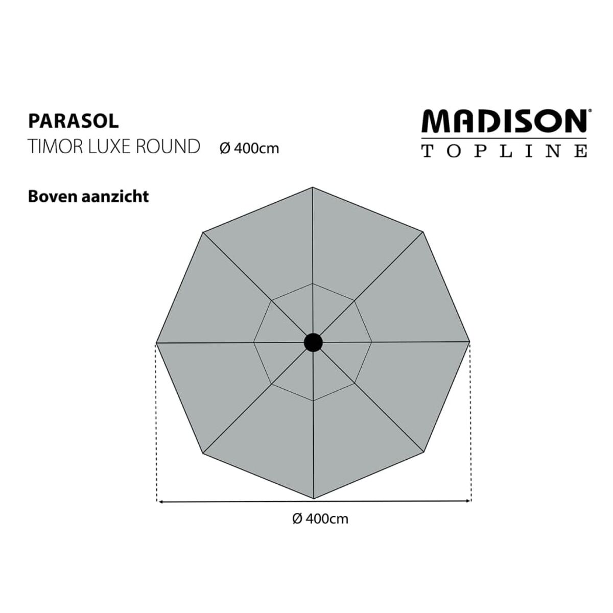 Diagram of a gray umbrella. Top view, with text 'TIMOR LUXE ROUND' and 'MADISON TOPLINE'.