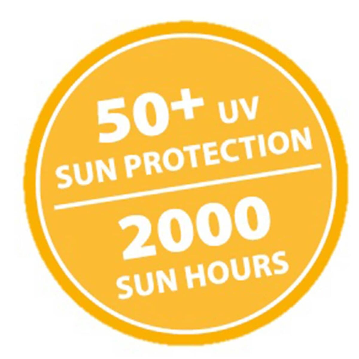 Yellow circular sticker with text: 50+ UV SUN PROTECTION 2000 SUN HOURS.