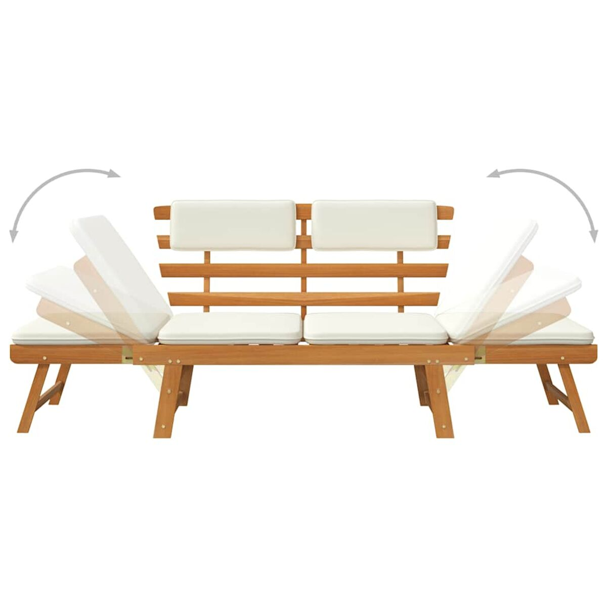 Holzbank mit weißen Kissen. Pfeile zeigen die Klapppositionen von Sitz und Rückenlehne.