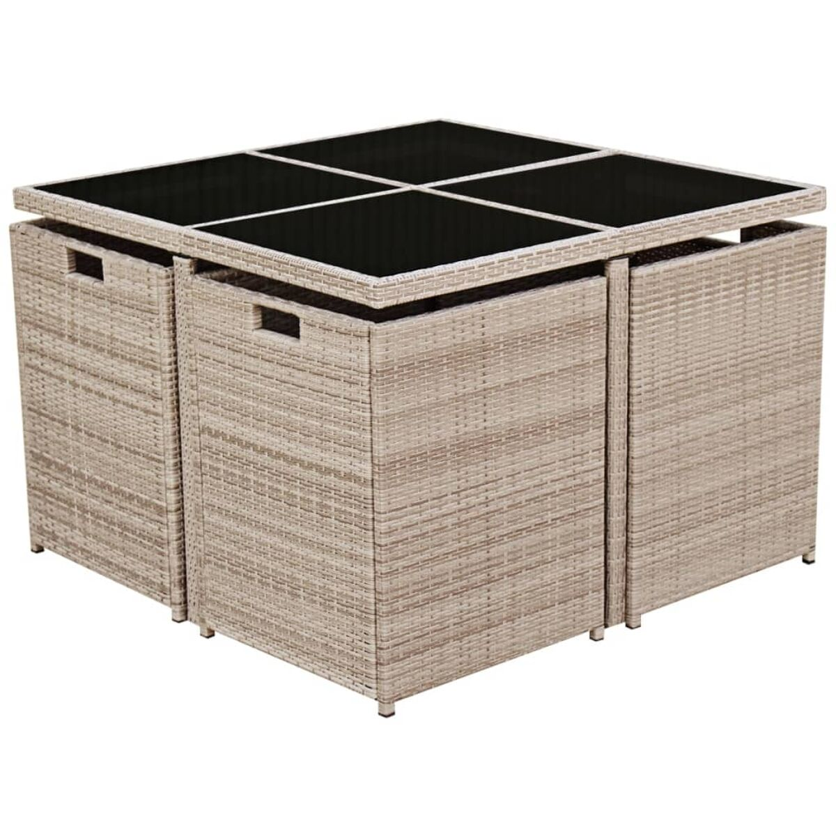 Beiges Ess-Set für draußen. Würfeltisch mit vier Stühlen, alles aus Rattan.