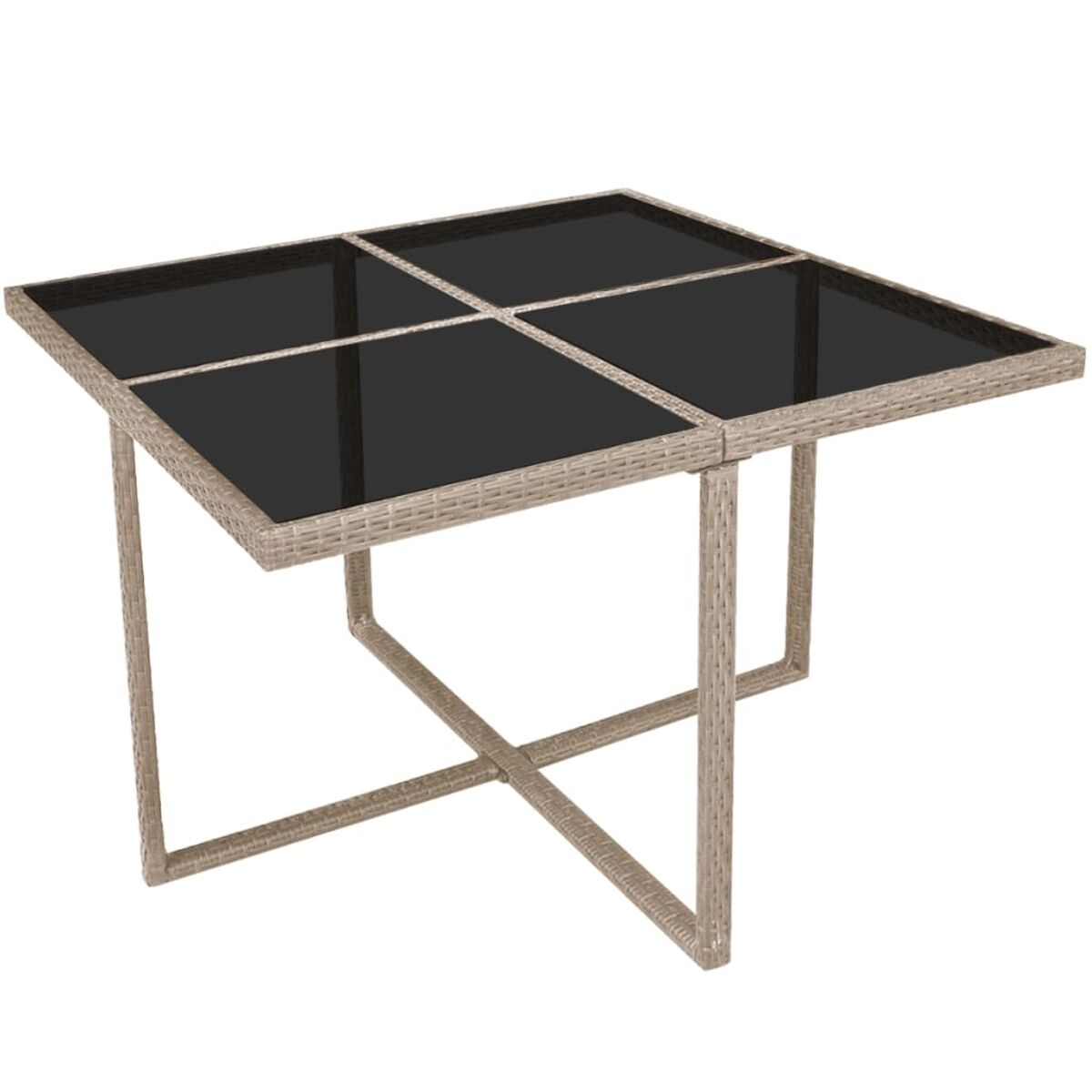 Quadratischer Gartentisch mit grauem Korbgewebe und schwarzer Glasplatte.