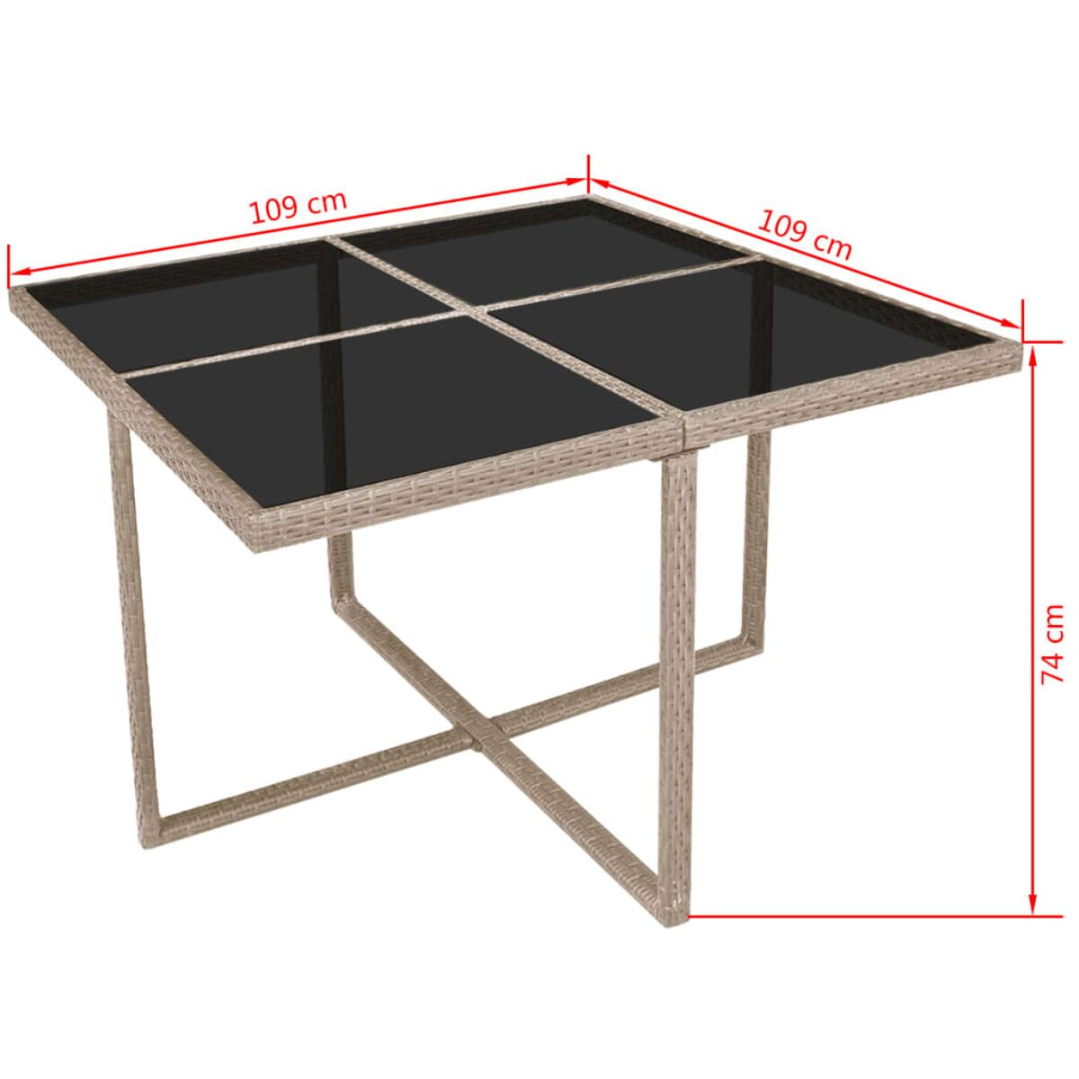 Quadratischer Gartentisch mit dunkler Glasplatte und braunem Korbflechtrahmen. Abmessungen: 109cm x 109cm x 74cm.