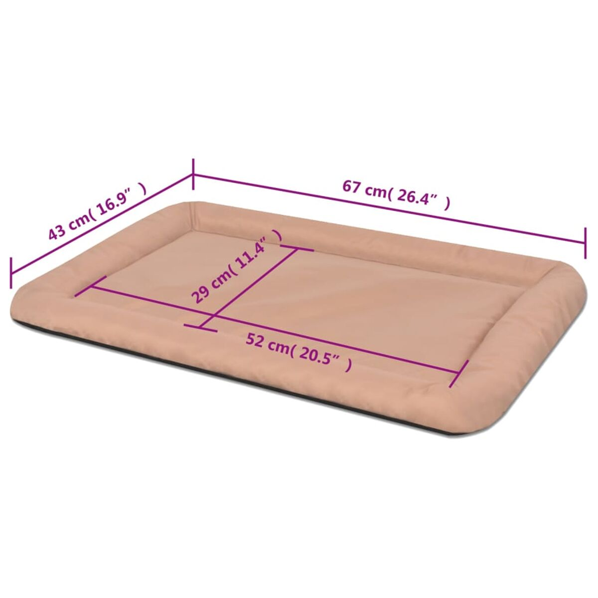 Beige Haustierbett mit Abmessungen. Rechteckige Form mit erhöhten Kanten. Hellbraune Farbe.