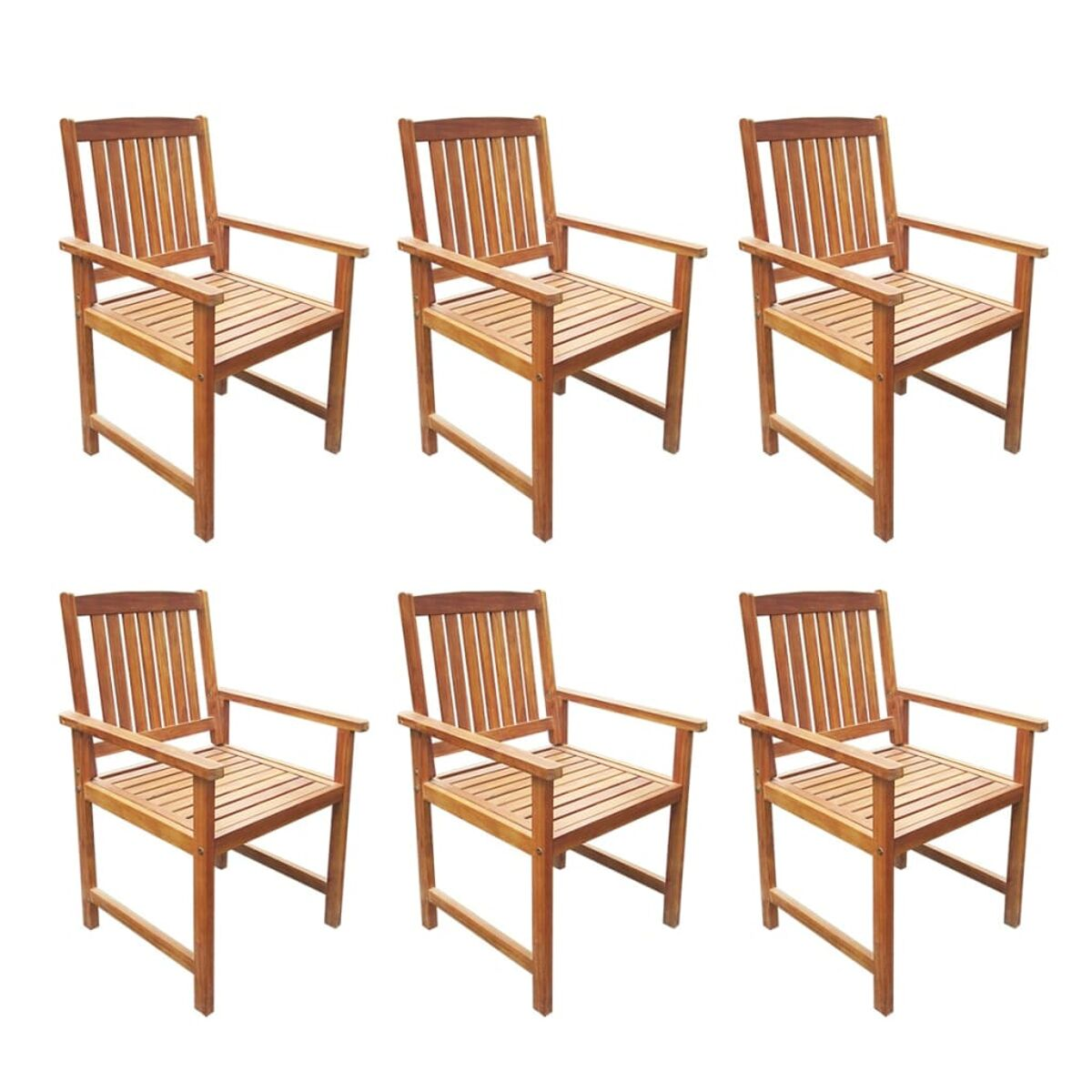 Holz-Außenstühle, sechs Stühle. Weißer Hintergrund.