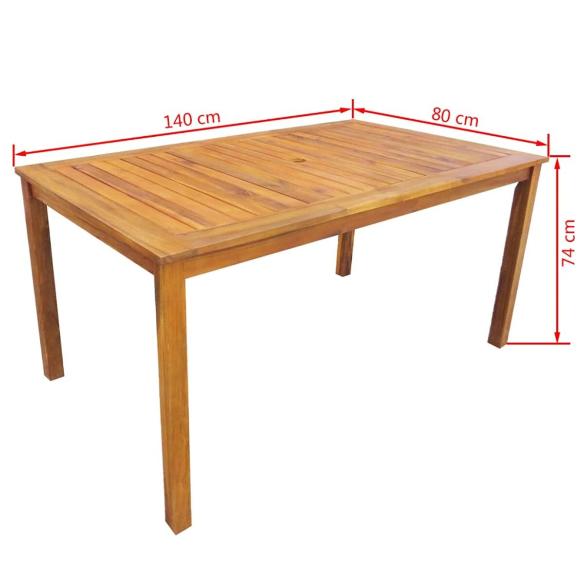 Rechteckiger Holztisch mit beschrifteten Abmessungen.