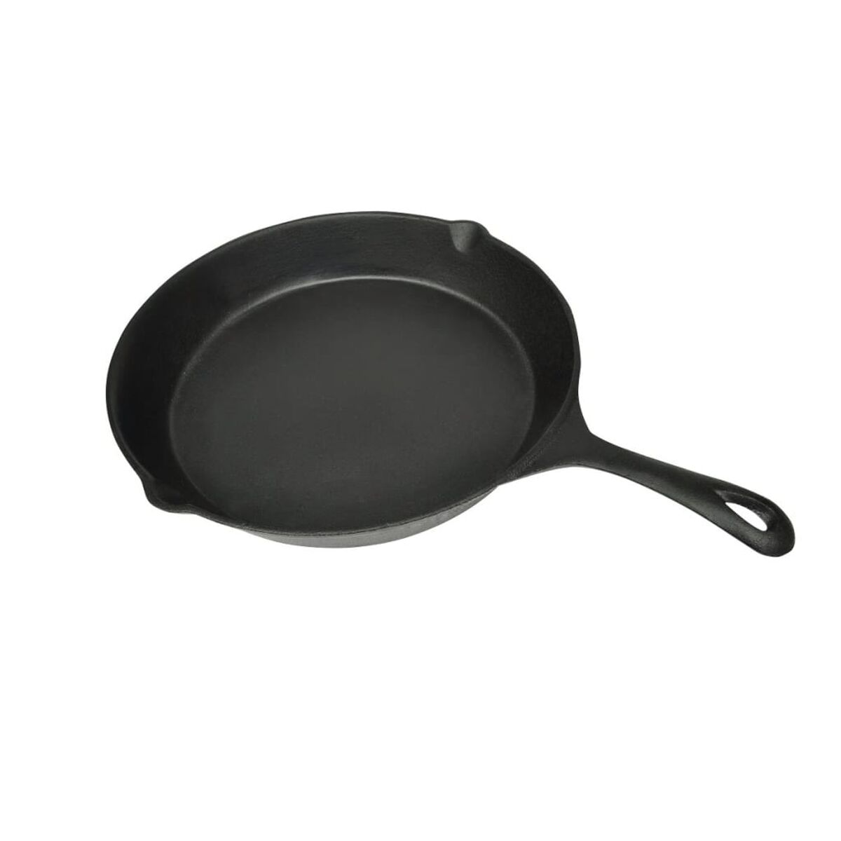 Schwarze Gusseisenpfanne mit Griff. Weißer Hintergrund.