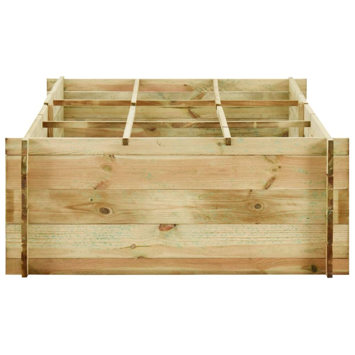 Pflanzkasten aus Holzbohlen. Innen offen, Holzrahmen sichtbar.