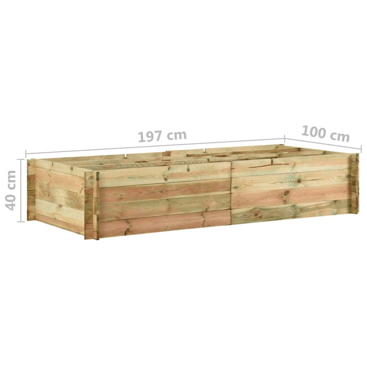 Erhöhtes Gartenbeet aus Holz, rechteckig, mit beschrifteten Abmessungen, aus hellbraunem Holz.
