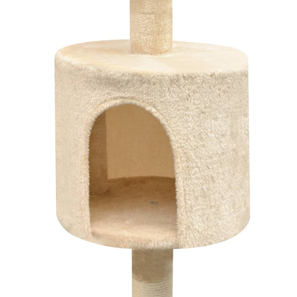 Katzenbaum mit beiger, flauschiger Textur, mit Katzenhaus und Stange.