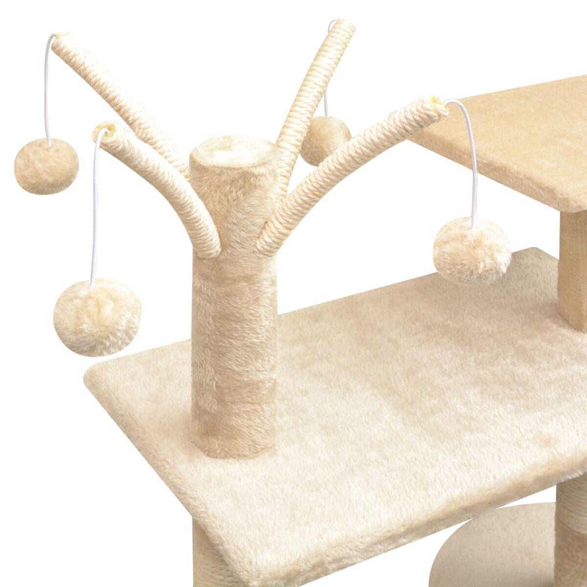 Katzenbaum mit beigen Plattformen und hängenden Kugeln. Mehrere Ebenen und Kratzbaum.