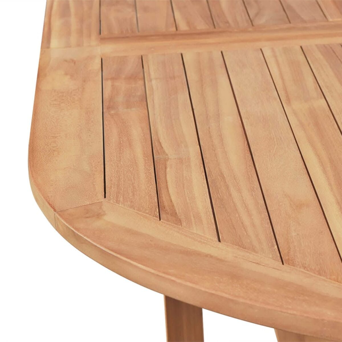 Holztisch mit abgerundeter Ecke. Das Holz hat eine natürliche Maserung.