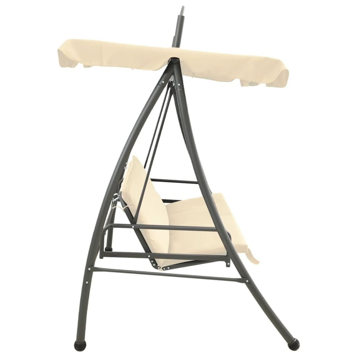 Eine Metallschaukel mit beigem Baldachin. Der Sitz ist ebenfalls beige.