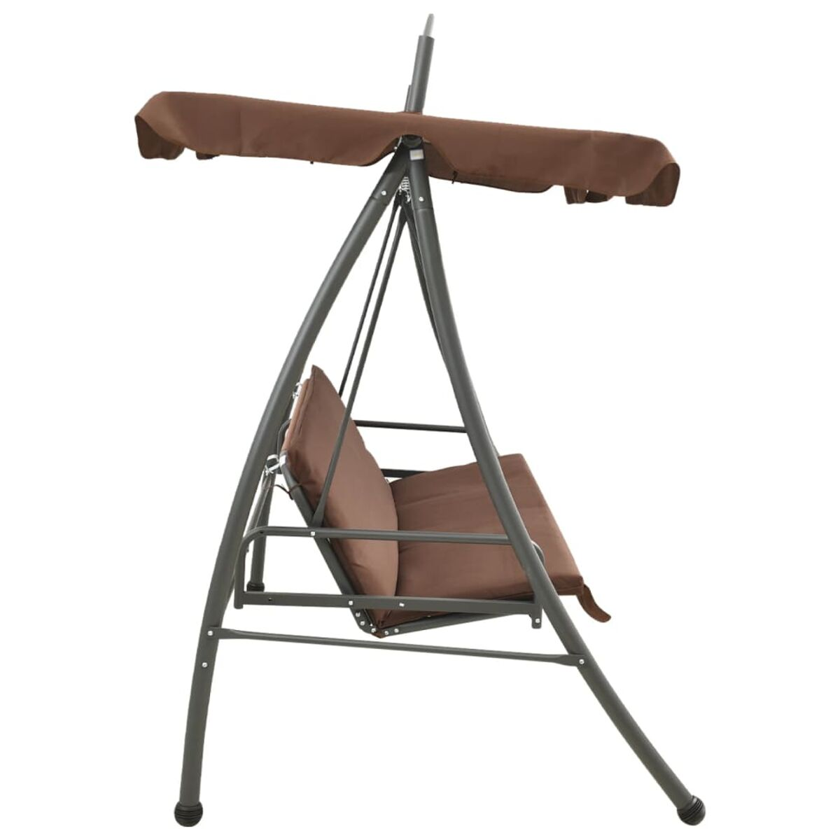 Braunes Schaukelset mit Baldachin. Es hat ein Metallgestell, braune Kissen und einen braunen Baldachin.