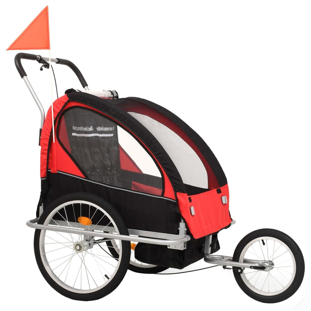 Ein rot-schwarzer Fahrradanhänger für Kinder mit Fahne. Er hat zwei Räder und ein Vorderrad zum Lenken.