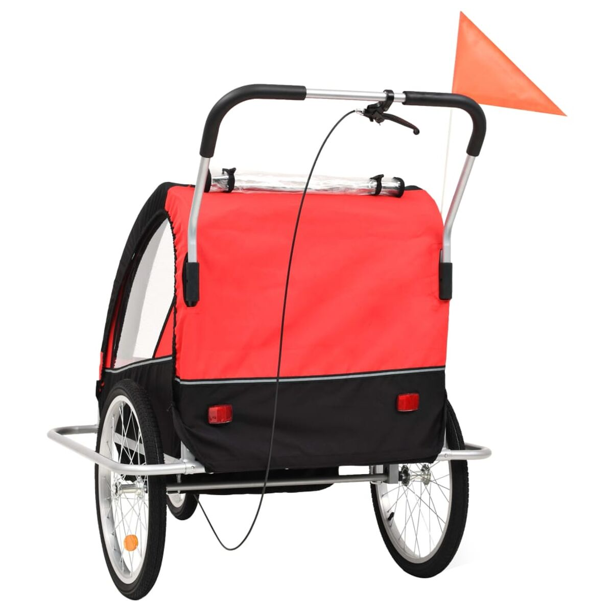 Roter und schwarzer Fahrradanhänger mit Fahne. Er hat zwei Räder und Griff.
