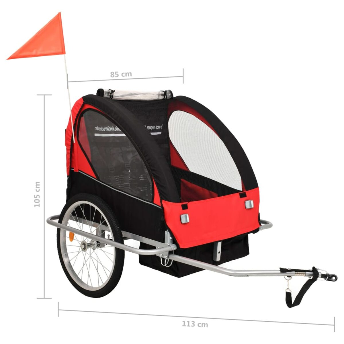 Roter und schwarzer Fahrradanhänger für Kinder mit orangefarbener Flagge. Silberner Rahmen, schwarze Räder, Maße.
