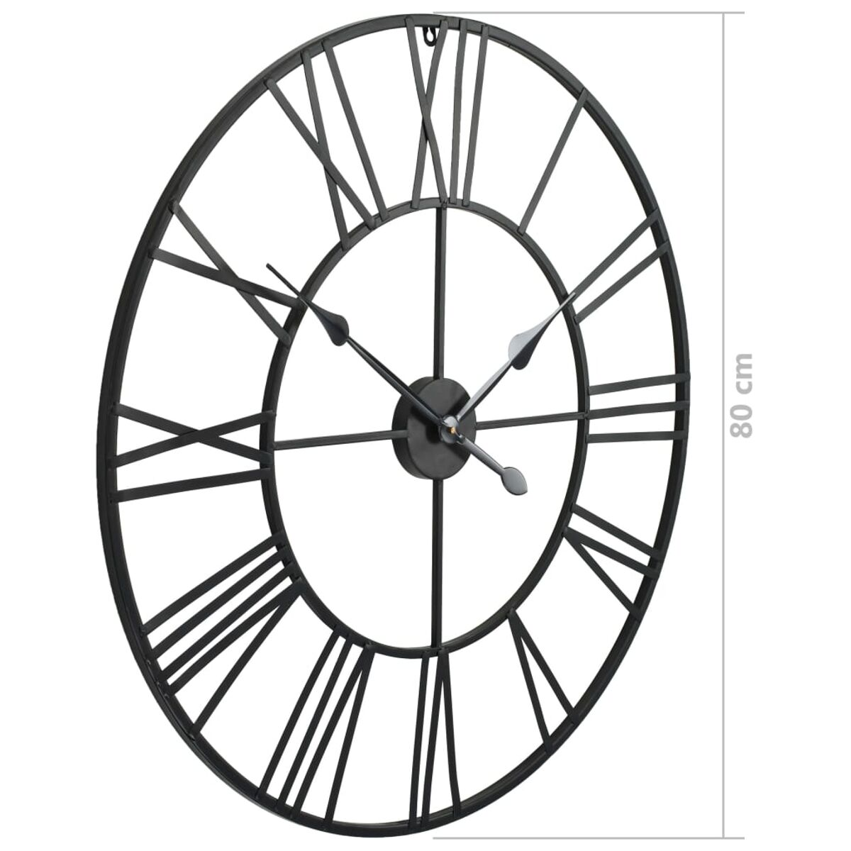 Große, schwarze, runde Uhr mit römischen Ziffern auf weißem Hintergrund.