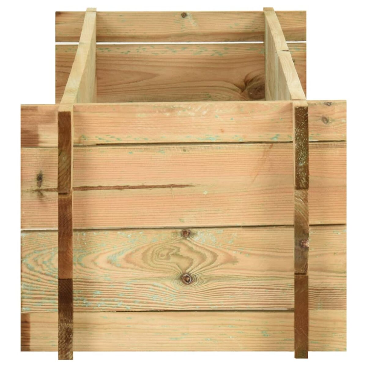 Holz-Pflanzkasten. Braunes Holz mit Maserung. Vertikale Stützen. Keine Pflanzen.