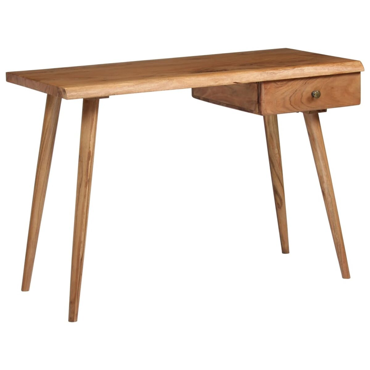 Ein Holzschreibtisch mit Schublade und vier dünnen Beinen. Der Hintergrund ist weiß.
