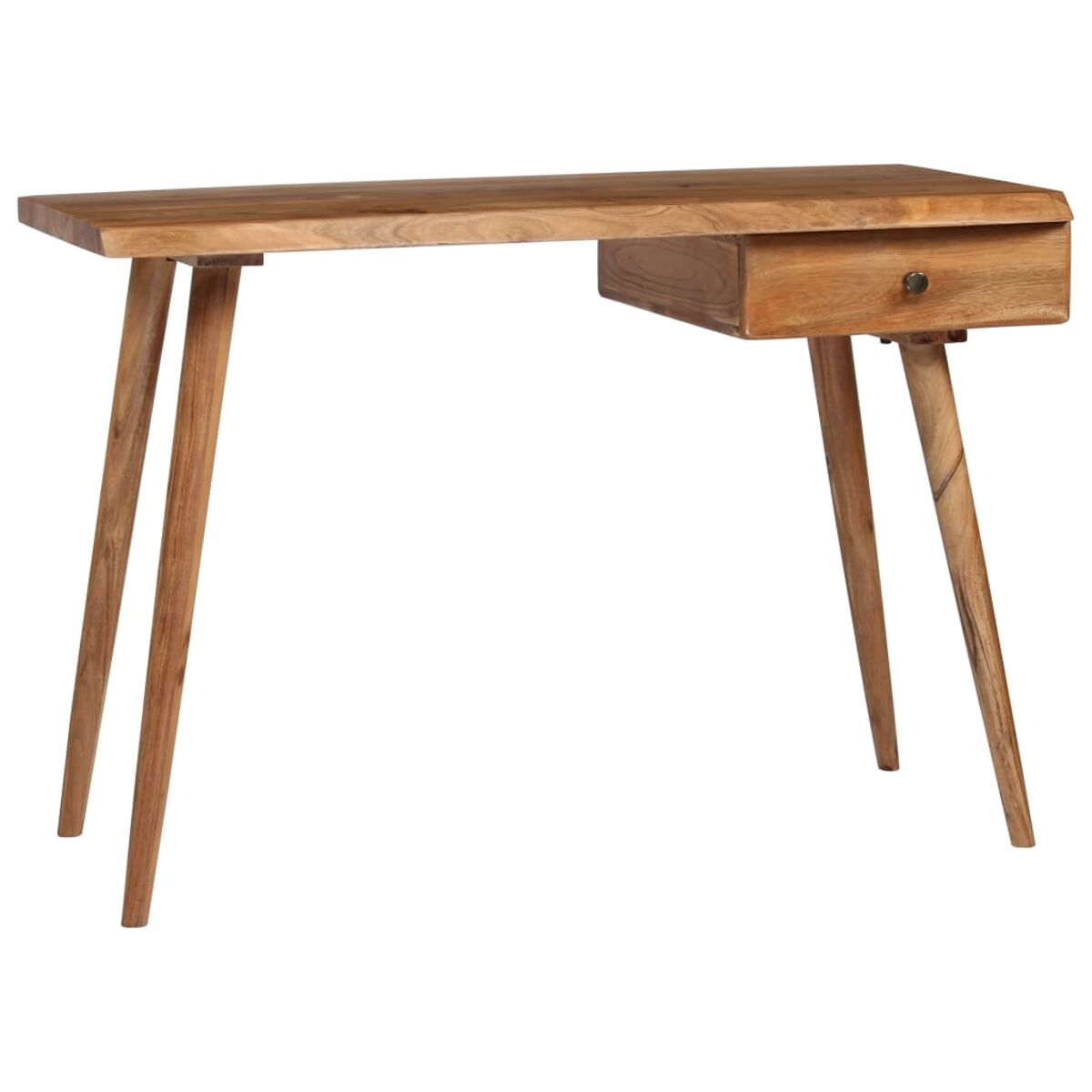 Holzschreibtisch mit Schublade. Er hat vier konische Beine. Der Hintergrund ist weiß.