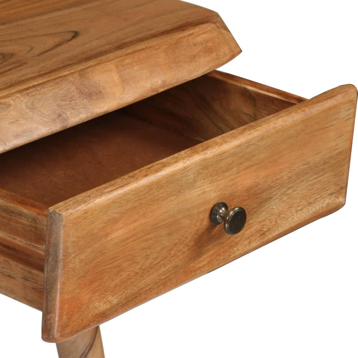 Nachttisch aus Holz, offene Schublade, dunkler Knopf, helles Holz, geschwungenes Bein.
