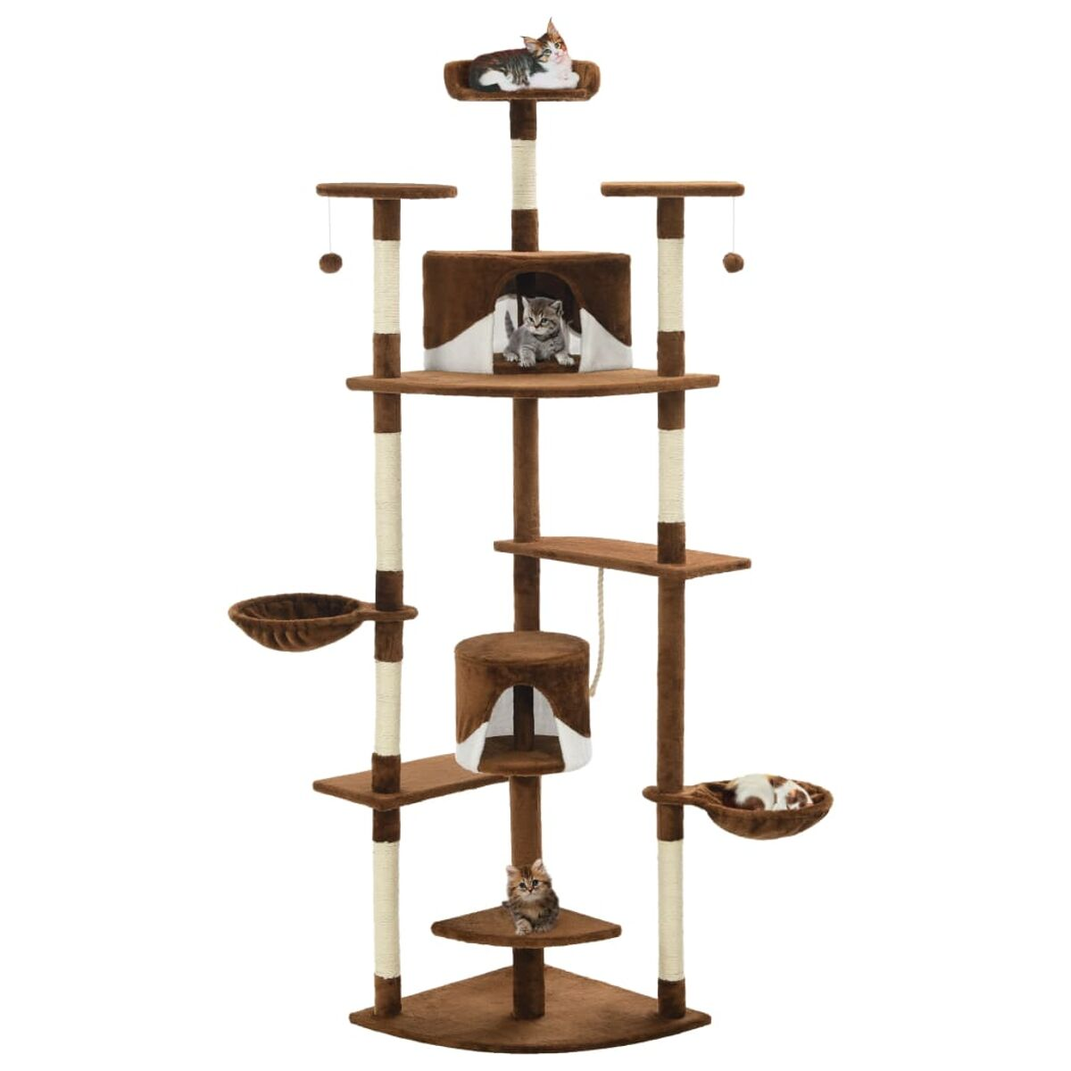 Brauner Katzenbaum mit mehreren Plattformen und Katzen. Weißer Hintergrund.