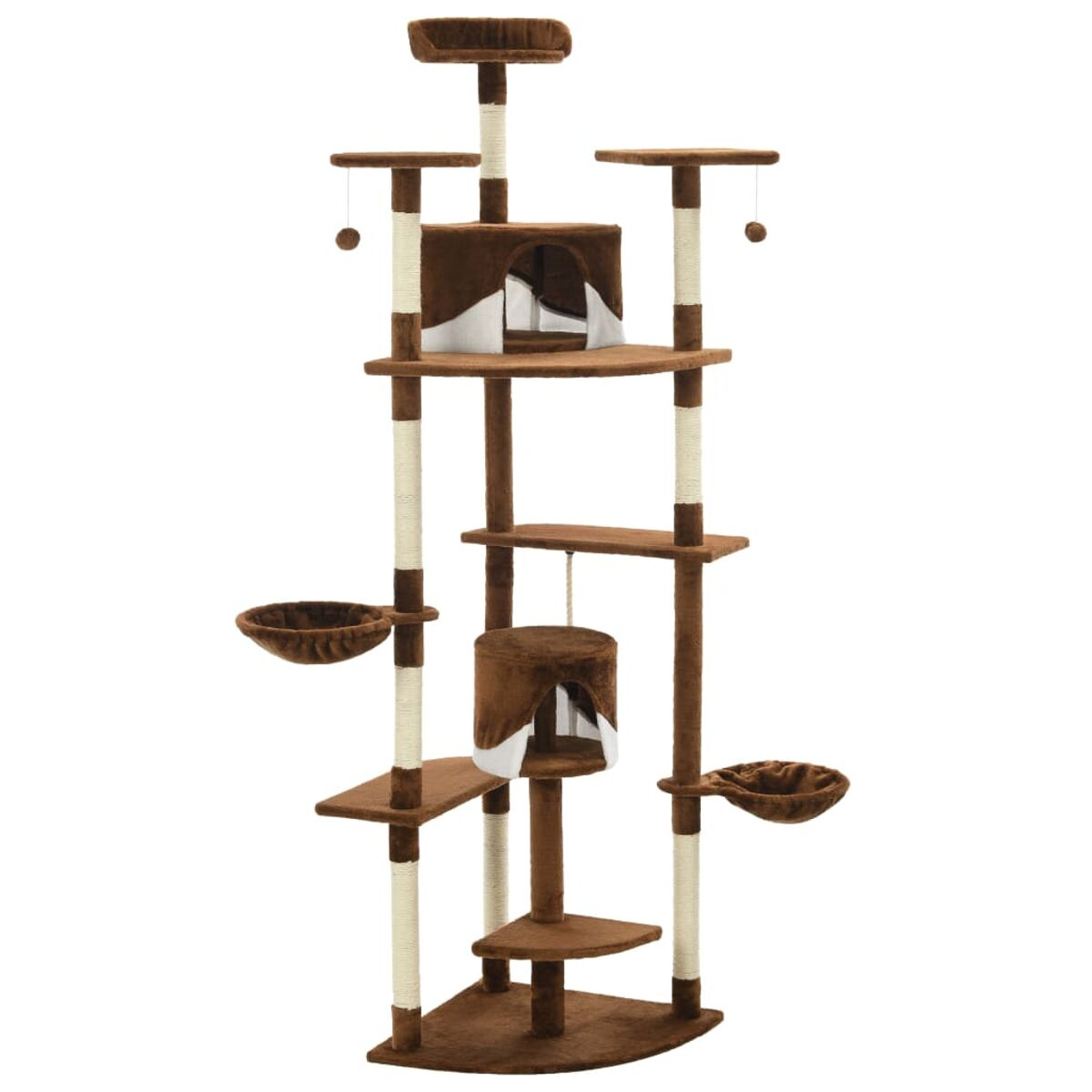 Ein hoher brauner Katzenbaum mit mehreren Plattformen, Kratzbäumen und Hängespielzeugen.