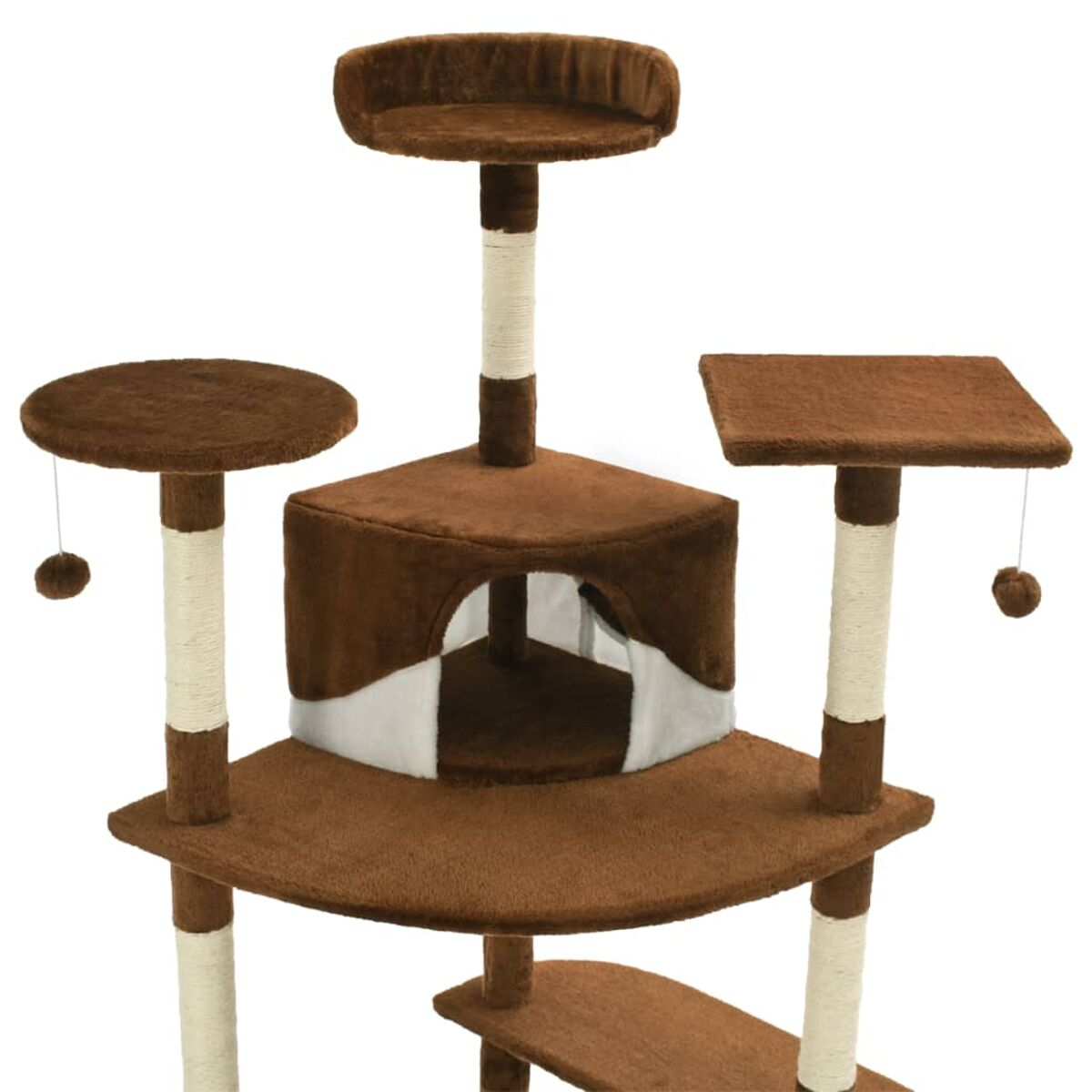Brauner Katzenbaum mit mehreren Plattformen, Kratzbäumen und Spielzeug.