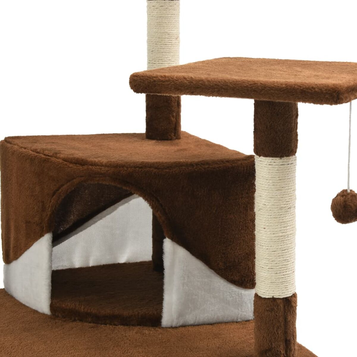 Ein brauner Katzenbaumabschnitt mit einem Wohneinheit, Plattformen und einem hängenden Spielzeugball.