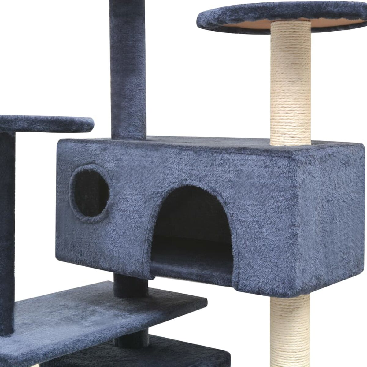 Katzenbaum mit mehreren Ebenen, Pfosten und einer Höhle. Der Katzenbaum ist grau.