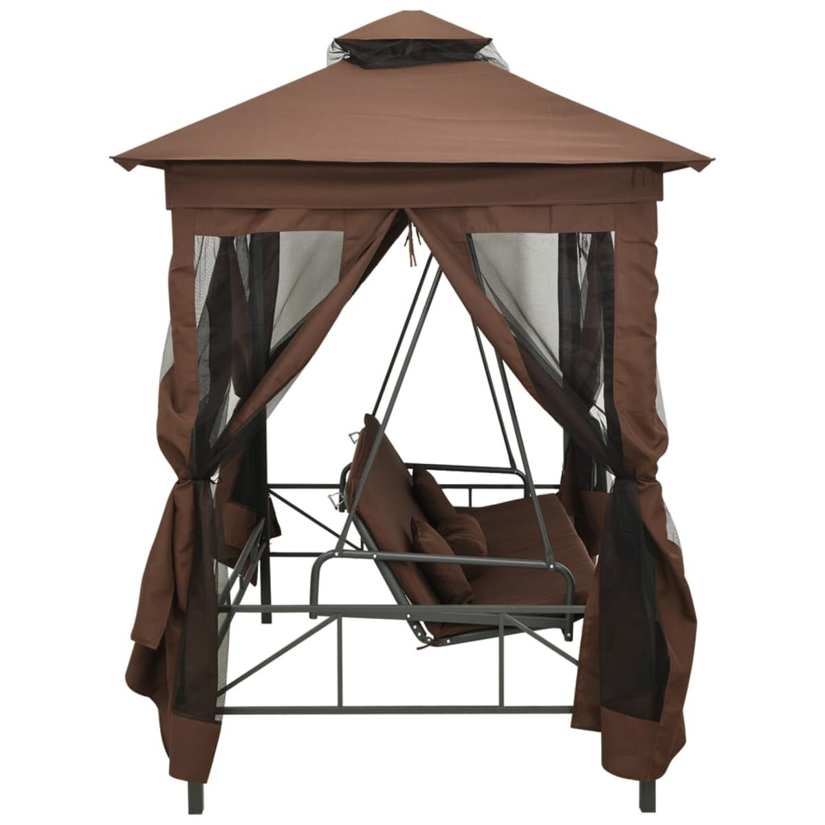 Ein brauner Pavillon mit Schaukel und Vorhängen. Die Schaukel hat ein braunes Kissen.