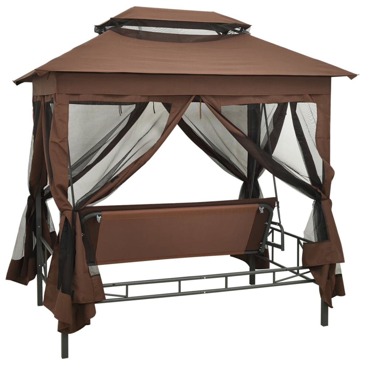 Ein brauner Pavillon mit einer Schaukel. Es hat Netzvorhänge und ein braunes Dach.