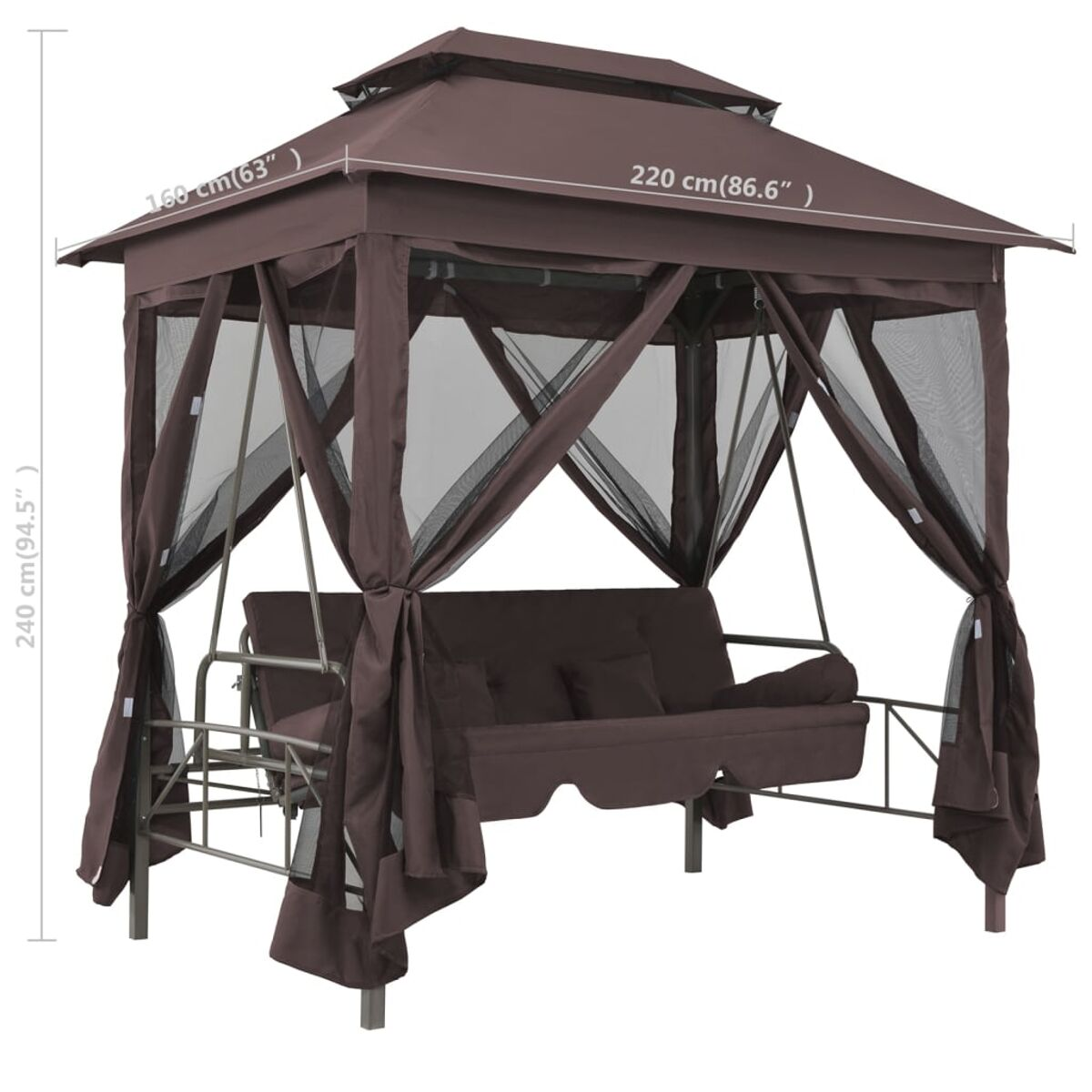 Ein braunes Outdoor-Schaukelset mit Baldachin, Vorhängen und einer Schaukelbank, mit Maßangaben.