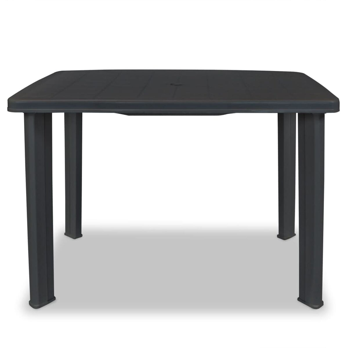 Ein quadratischer schwarzer Outdoor-Tisch mit vier Beinen auf weißem Hintergrund.